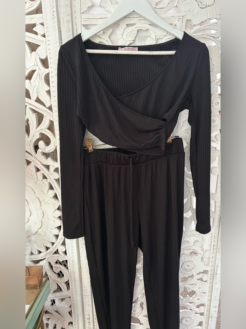 Blue Blush Black Ribbed Wrap-Front Pilates Lounge Jogger Set
